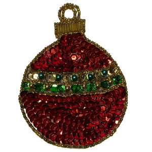 Vintage Sequined Beaded Christmas Red Round Ornament Hand Made Stocking Garments